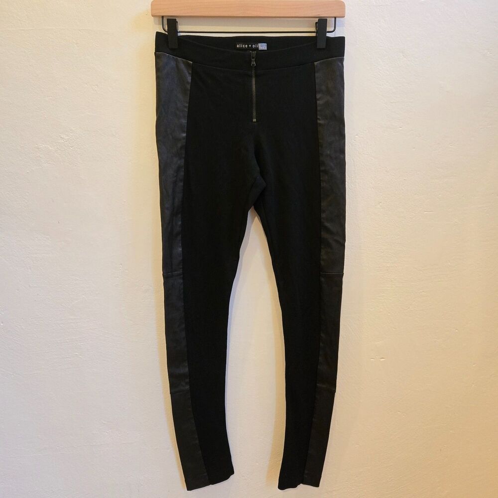 Alice + Olivia Women Leggings Skinny Pants Leather Panels Black Size 6 Moto Edgy - Picture 2 of 14
